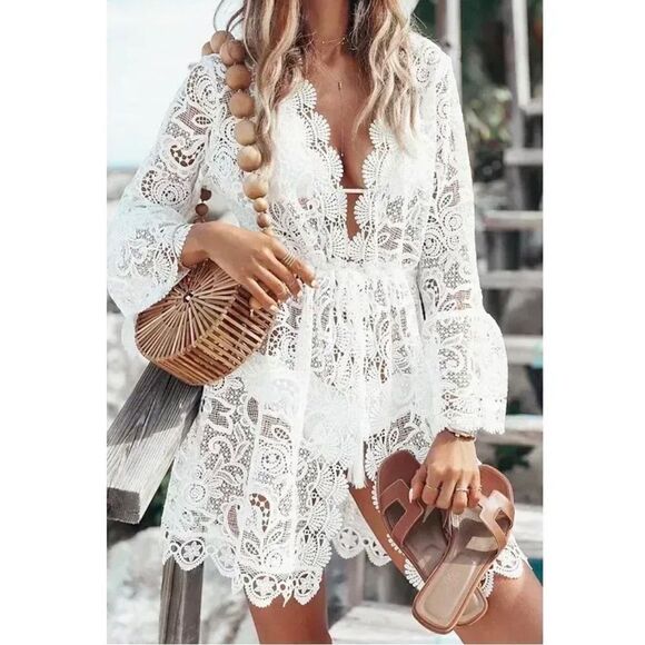 Boho White Lace V Neck Long Sleeve Cover Up - Picture 1 of 7